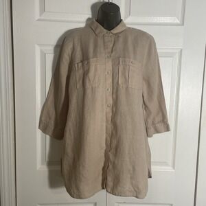 Chicos No Iron Linen Shirt Womens 1 US 8 Khaki 3/4 Sleeve Button Up Top Pockets